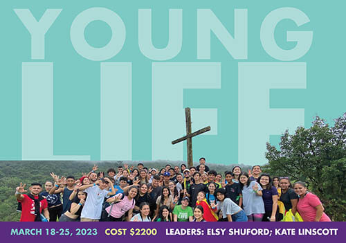 headline of young life above large group of teens and young adults on mountainside