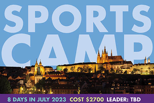 prague city outline at night with heading of sports camp above it