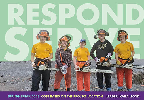 five individuals holding chain saws with text in background that says respond serve