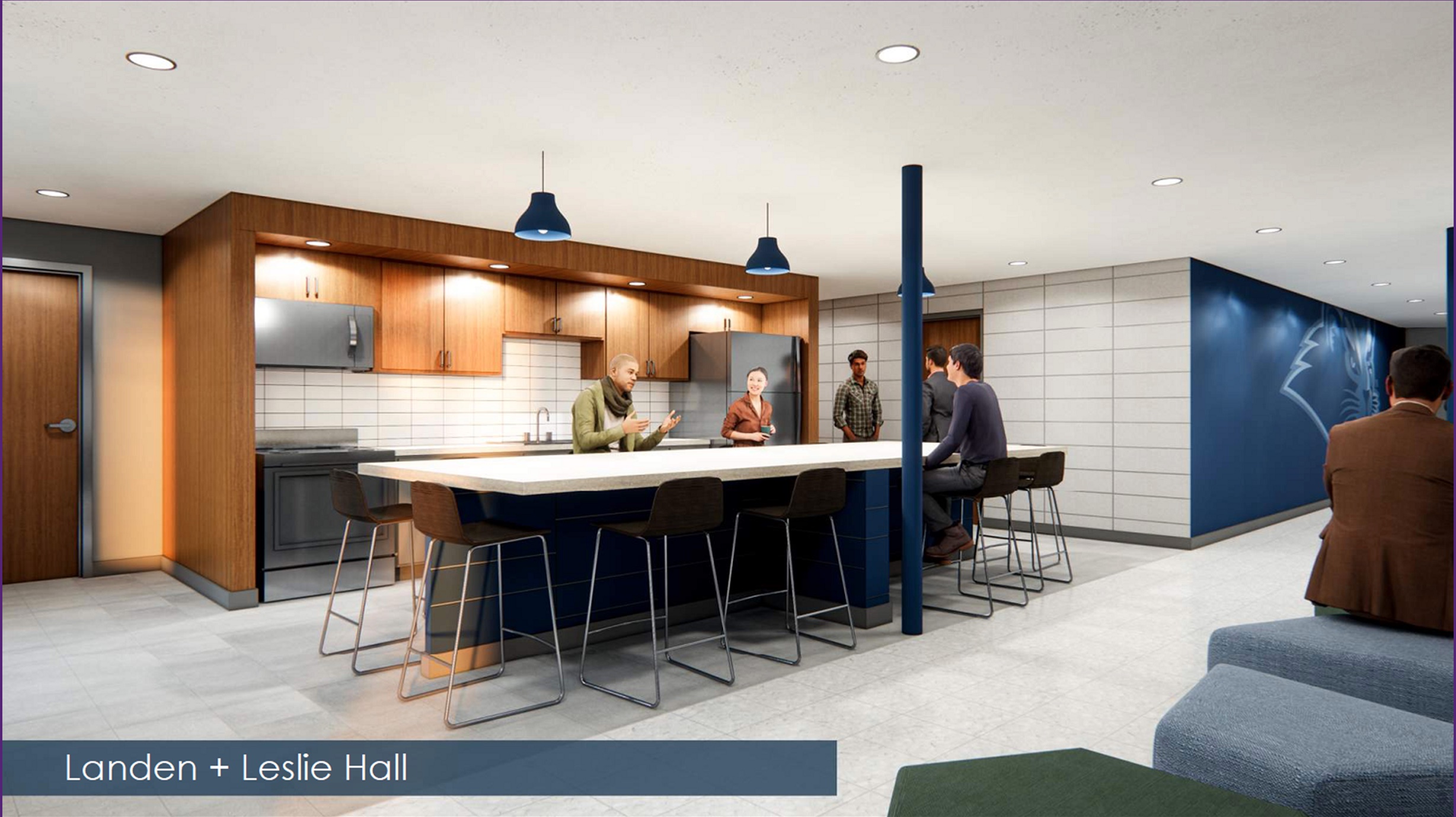 Artist rendering of dorm lobby renovation featuring large table for gathering space