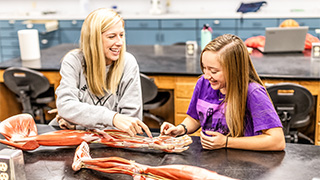 professor works on biology dissection with four students observing